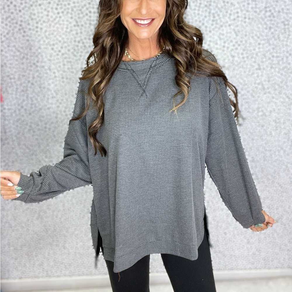 🆕 Andree By Unit Charcoal Tunic Oversized Large Waffle Hi-Lo Hem - Picture 5 of 5